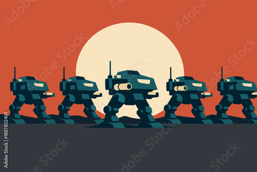 Bipedal war walkers marching ahead, a sci-fi army preparing for invasion