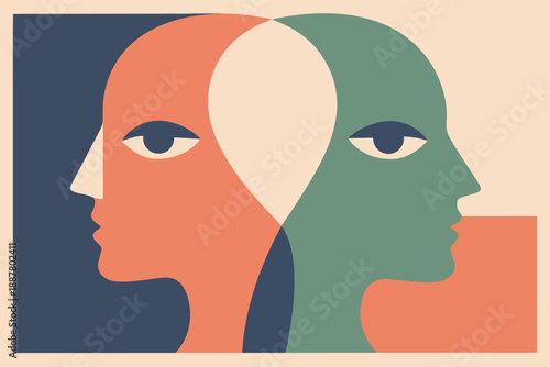 Two abstract human profiles merging, symbolizing duality, balance, and different perspectives