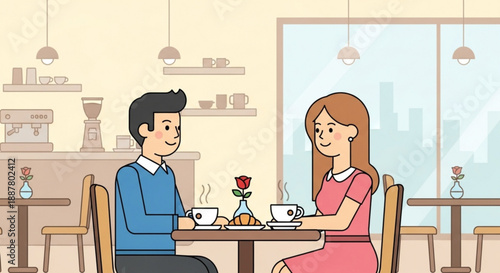 Couple on romantic date at cozy cafe with coffee and dessert