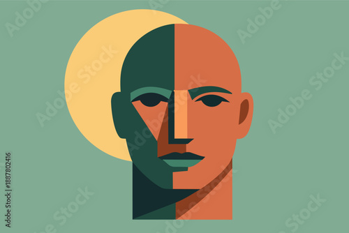 Human face showing duality of personality and contrasting emotions