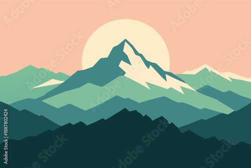 Mountain landscape with a big sun setting behind peaks, minimalist flat design style