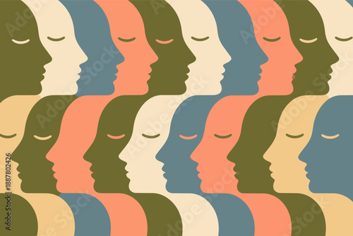Diverse human profiles tessellation pattern showing unity, community, and inclusion