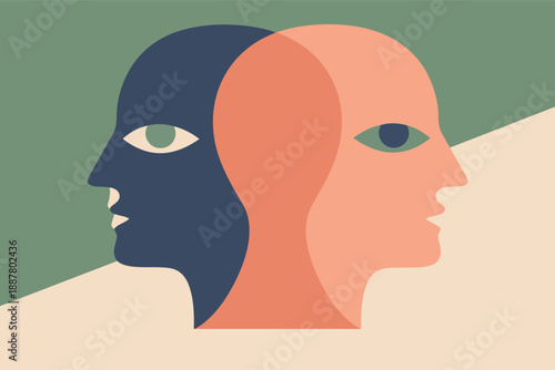 Two human heads creating a psychological connection and duality of minds