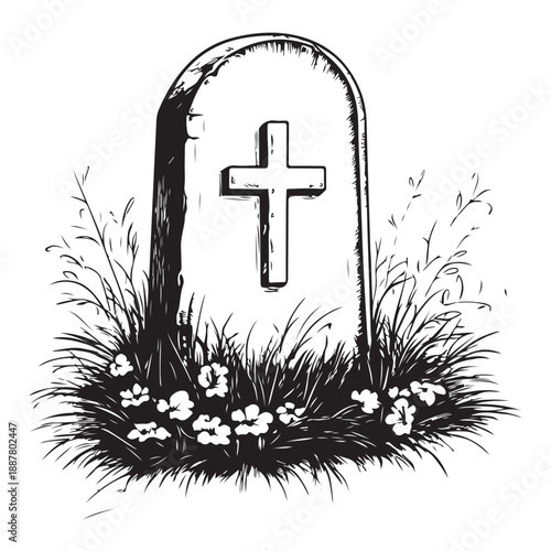 Gravestone silhouette vector set, black tombstone icons with grass, cemetery elements for Halloween, memorial design, spooky clipart, religious symbols, RIP graphics