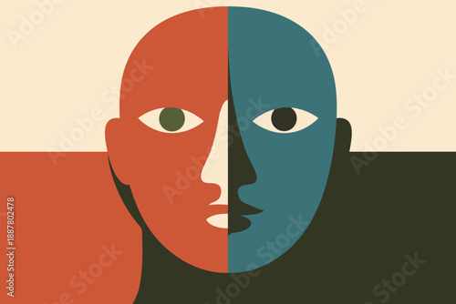 Human face split in two halves, expressing dual personality and identity concept
