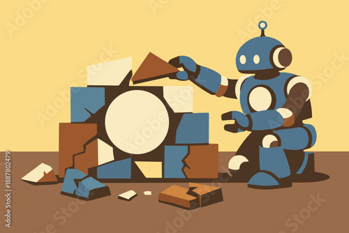 Robot constructing wall with puzzle pieces, symbolizing problem solving and development