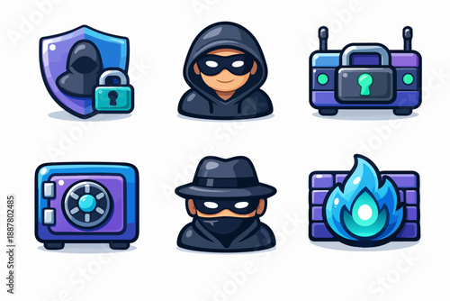 Cybersecurity flat cartoon icons set protecting data from hackers and digital threats