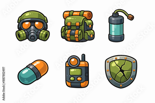 Game inventory icons for adventure and survival featuring gas mask, backpack, shield