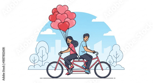 Couple riding tandem bike with heart balloons in city park