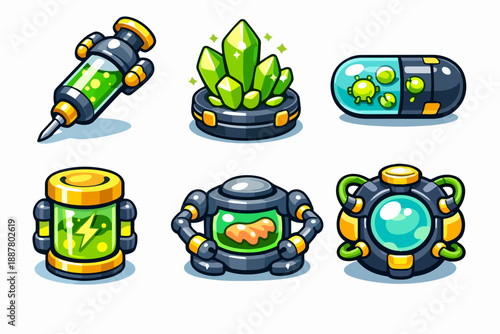 Set of science fiction game items with syringe, crystal, energy, and capsule icons