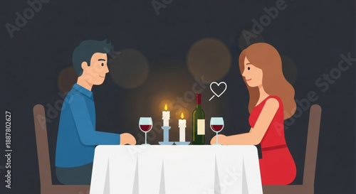 Couple on romantic candlelit dinner date at night with wine
