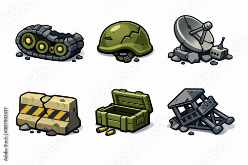 Military game icons depicting ruined battlefield debris and war wreckage elements