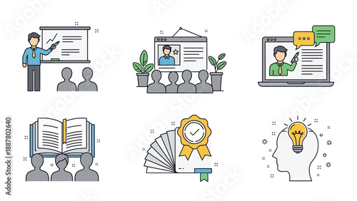 Business training and workshop icons, modern outline design, showing presenter at whiteboard, audience, webinar laptop, online course 
