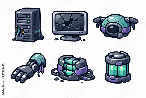 Broken future technology icons representing post-apocalyptic digital wasteland concept