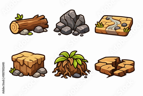 Cartoon game assets with natural elements like log, rocks, dirt, and plants for levels