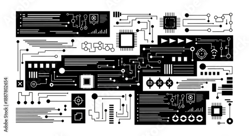 Abstract background with grunge effect featuring a vector illustration of a retro computer and electronic motherboard connectors with magnetic audio cassette tape and digital data equipment