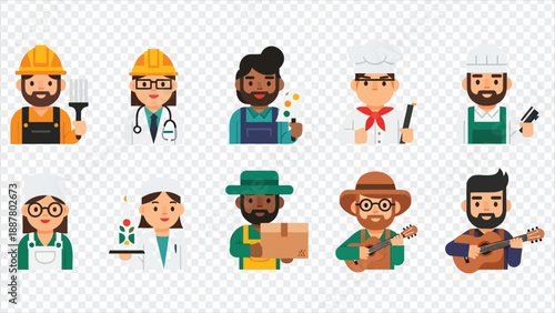 Various cartoon people with different occupations and hobbies