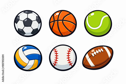 Collection of colorful cartoon style sports balls representing various popular games