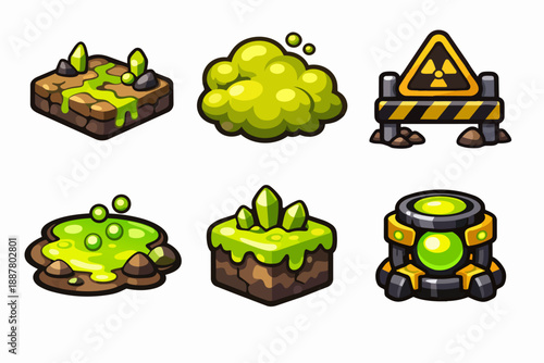 Game art assets featuring toxic waste, radioactive hazard, and mutant sludge elements