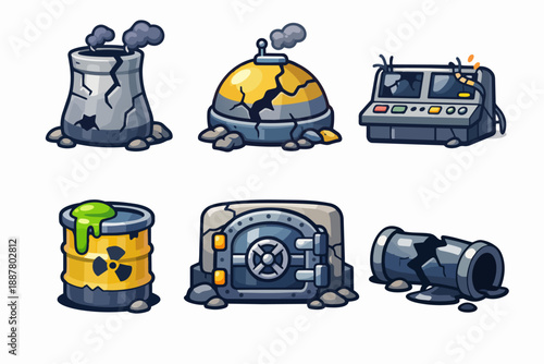 Post-apocalyptic game icons showing destroyed infrastructure and damaged radioactive waste