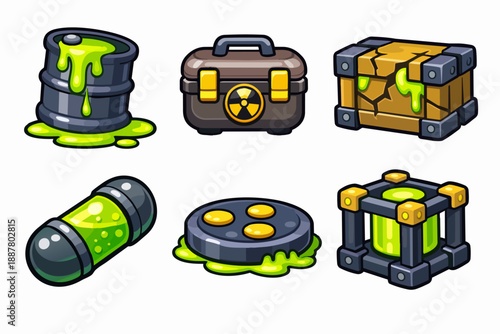 Radioactive waste cartoon icons set for hazardous game elements and toxic slime