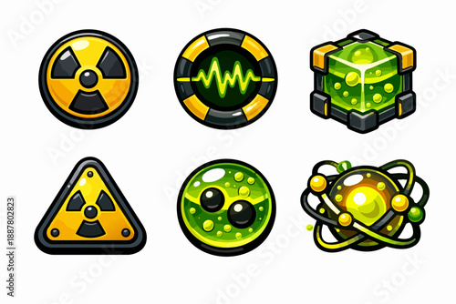 Collection of nuclear, radioactive, and toxic hazard game icons for science themes