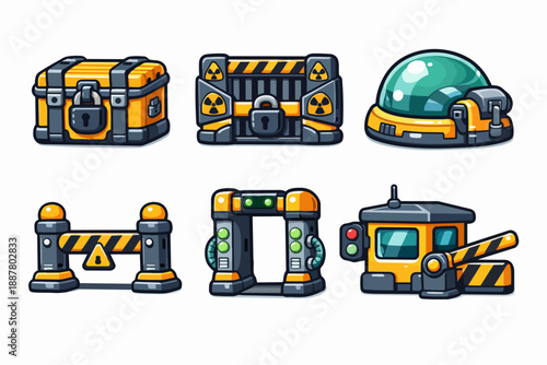 Sci-fi game assets showing security elements and industrial objects
