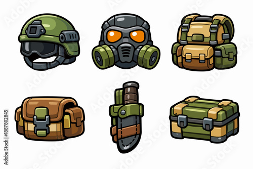 Cartoon tactical gear collection with gas mask, helmet, backpack, knife, and military box