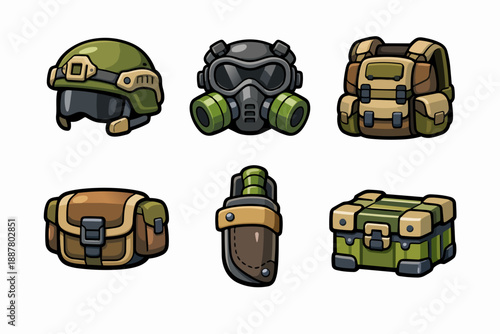 Military and survival gear icons set including helmet, gas mask, tactical pack