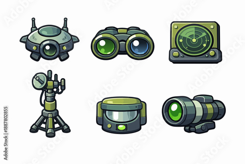 Stylized collection of spy gadgets, radar, drone, and optical equipment
