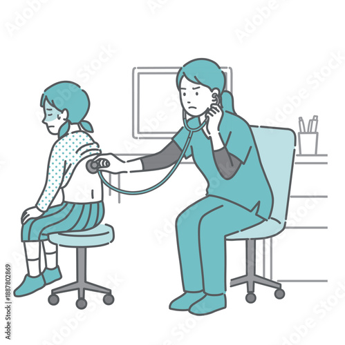 背中の聴診を受ける冷や汗をかいた女の子と深刻な表情のスクラブ姿の女性医療従事者のイラスト