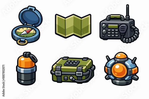 Adventure and survival gear set planning expedition camping journey icons