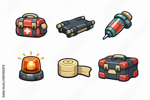 Emergency medical service and first aid kit icons for healthcare and urgent care
