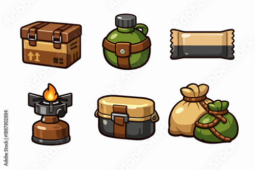 Survival gear set showing canteen, stove, rations, box, and bags for adventure