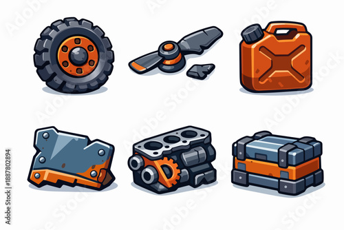 Cartoon vehicle parts and industrial component icons for game design or mobile app
