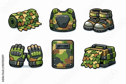 Military gear collection featuring camouflage uniform, tactical ballistic vest, boots and shield