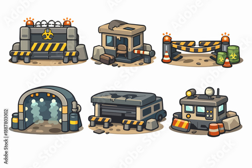 Cartoon post-apocalyptic base assets featuring biohazard warnings and abandoned structures
