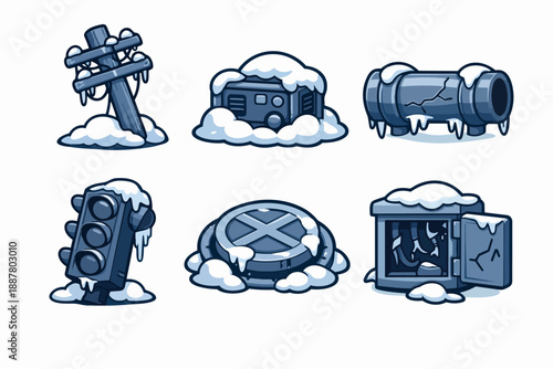 Post-apocalyptic city ruins in winter with frozen and damaged urban objects