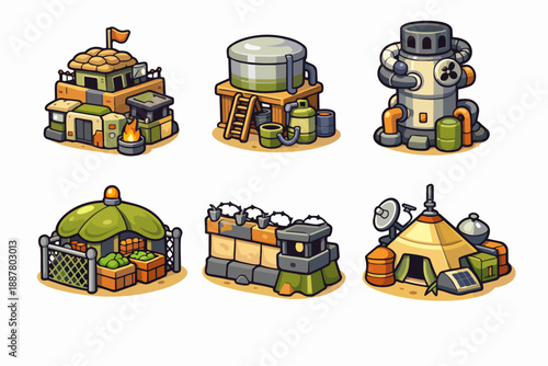 Military base buildings with isometric cartoon style for strategy gaming concept