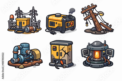 Power outage and electricity grid failure concept icons set