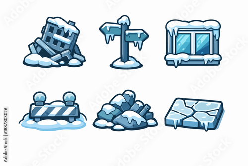 Winter game assets featuring frozen ruins, snow, and ice elements for level design