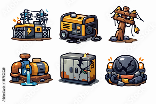Infrastructure damage icons showing power grid failure, broken generator, and pipeline leak