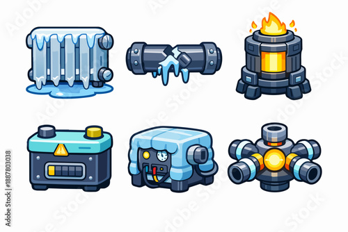 Cartoon industrial elements showing frozen pipes, heating furnace, and energy icons