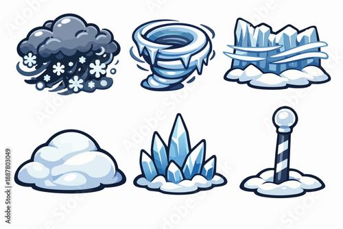 Winter weather climate icons set with snowstorm, blizzard, cold vortex, glacier, and ice