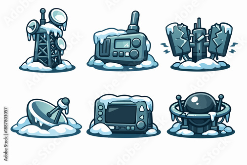 Winter communication breakdown: frozen radio, antenna, and satellite dish icons