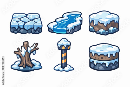 Winter game assets featuring frozen river, snow ground, tree stump, and iceberg tiles
