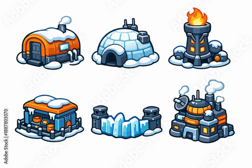 Arctic winter base building icons for game design and cold climate survival