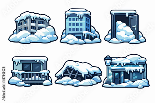 Winter buildings covered in heavy snow and ice, showing blizzard and storm damage