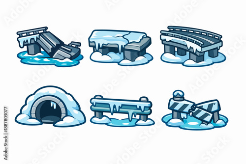 Winter game assets featuring snowy broken bridges, icy roads, and frozen tunnels