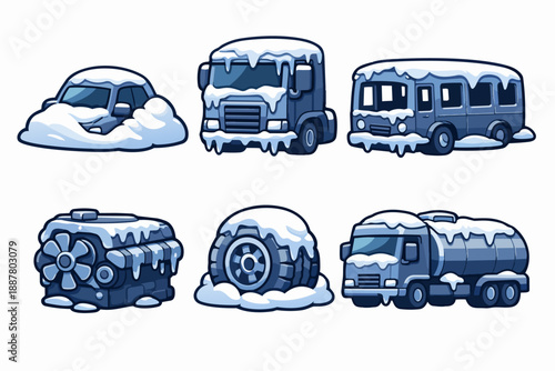 Winter vehicles and parts covered in snow and ice during cold weather season